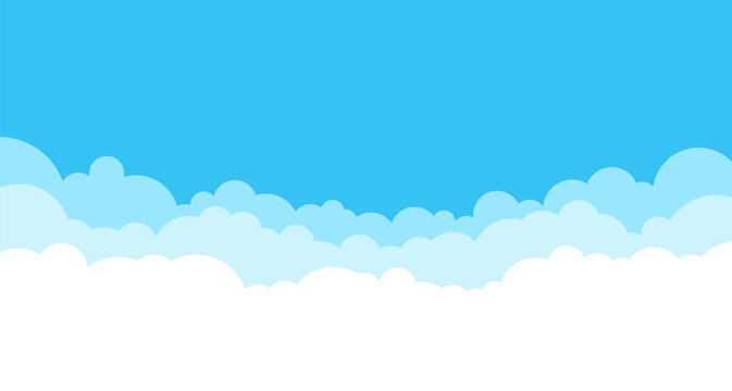 Blue vector sky with white cute clouds conceptual banner background with text space. Web border of clouds layers. Simple cartoon design. Stylish cartoon web banner with blue cloud on white background.