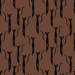 Spooky black cats seamless vector pattern. Halloween surface print design for fabrics, textiles, home decor, wrapping paper, stationery, and packaging.