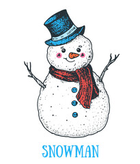 Snowman engraved style illustration. Hand drawn sketch with snowman. Vector illustration. Smiling snowman.