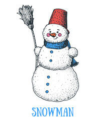 Snowman engraved style illustration. Hand drawn sketch with snowman. Vector illustration. Smiling snowman. Bucket on his head