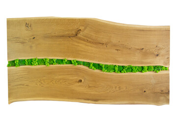 Stylish table with moss elements. Exclusive home table, pine plate. Forest-style table decoration