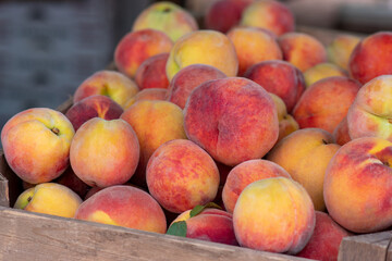 Fresh Georgia peaches on sale at a local organic farmers market. Delicious locally-sourced produce for a healthier lifestyle.