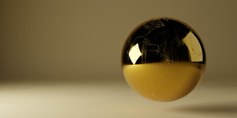 A golden model of Earth on a light background. A 3d render.