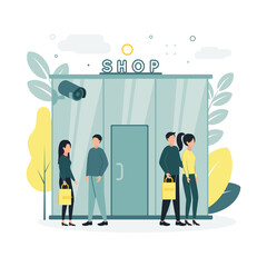 CCTV. Vector illustration at the entrance to the store, near which people are being monitored by a video surveillance camera, on the background of trees, plants, clouds.