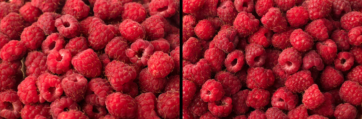 fresh natural ripe raspberries in bulk top view from various angles