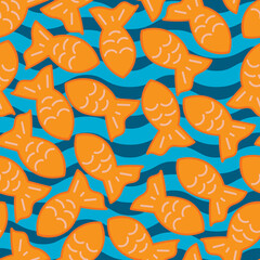 Vector goldfish on wavy background seamless pattern. Perfect for scrapbooking, fabric and wallpaper.