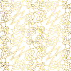 Freesia seamless vector pattern. Floral design in art nouveau style. Golden flowers on white background. Great for curtains, wallpaper, upholstery, wrapping paper and wedding invitations.