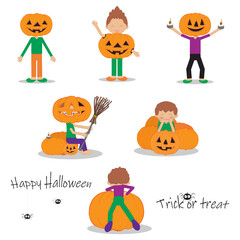 Set of characters on Halloween. Children in costumes surrounded by pumpkins. Happy Halloween inscription with cartoon spiders. Text Trick or treet with a funny spider. Templates for postcards.