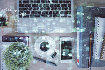 Double exposure of technology theme drawing over work table desktop. Top view. Global data analysis...