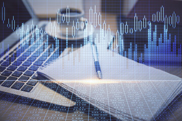 Double exposure of forex chart drawing and desktop with coffee and items on table background....