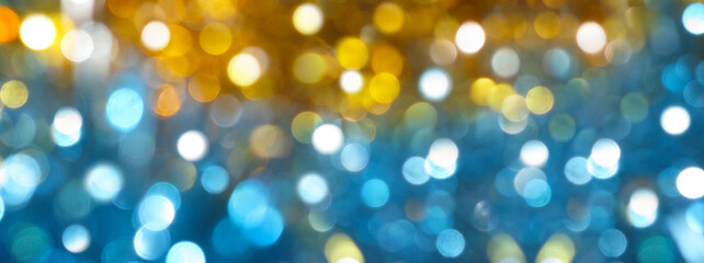 Festive blurred bokeh background, bright circles, defocused, lights, fun, party, glow effect, gold, blue, pattern, Christmas