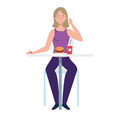 woman sitting in chair, with food in table, on white background vector illustration design