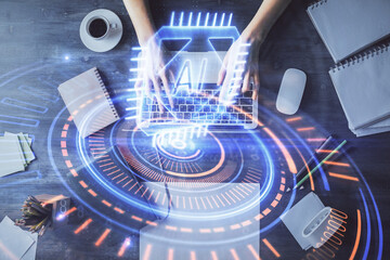 Double exposure of woman hands working on computer and data theme hologram drawing. Top View. Technology concept.