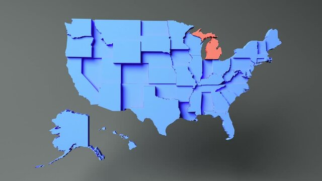 MICHIGAN - State map with 3D rendering of the United States.