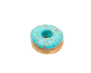 Donut in blue glaze with colored sprinkles on a white background, isolate