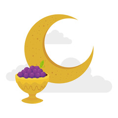 golden arabian pot with grapes and moon, arabic culture heritage on white background vector illustration design