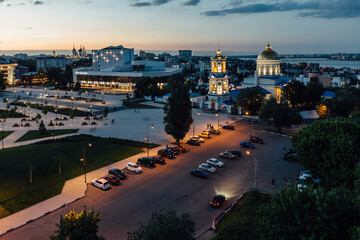 Evening Voronezh skyline. Aerial view of Soviet square