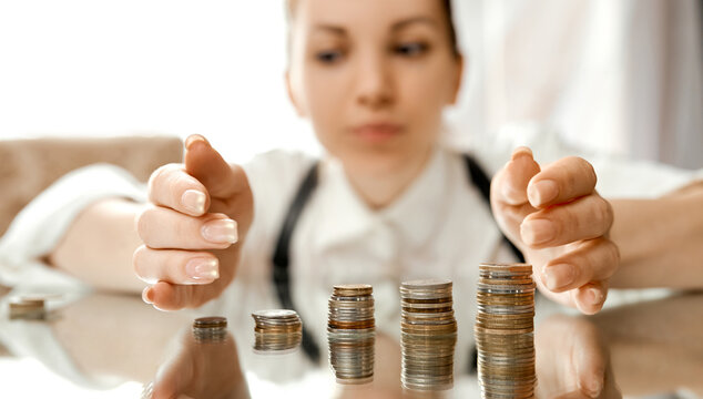 A woman collects stacks of coins to the center on a mirrored table 