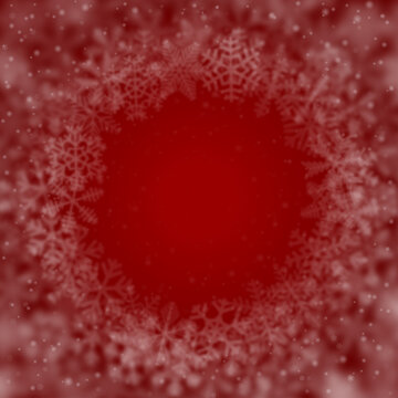 Christmas background of snowflakes of different shape, blur and transparency, arranged in a circle, on red background