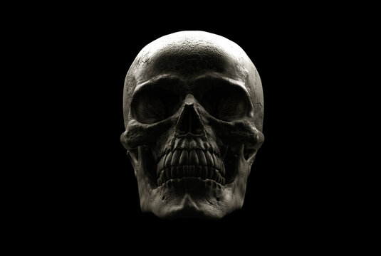 Human skull on Rich Colors a Black Isolated Background. Poster, print. The concept of death, horror. A symbol of spooky Halloween. 3d rendering illustration.