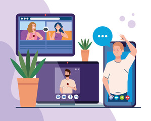 online party, meeting friends, people have online party together in quarantine, party web camera online holiday vector illustration design