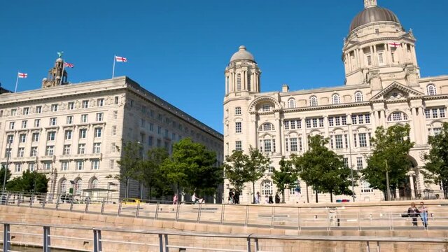 Liverpool 3 graces, short panning time lapse,  Royal Liver Building, the Cunard Building, and the Port of Liverpool Building,