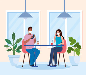 social distance in new concept restaurant , couple on table, protection, prevention of coronavirus covid 19 vector illustration design