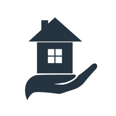 hand holding house. real estate concept, purchase of apartment, insurance. house in hand flat vector icon isolated on white background