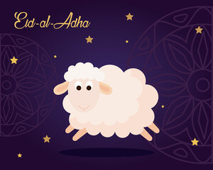 eid al adha mubarak, happy sacrifice feast, with sheep and stars decoration vector illustration design