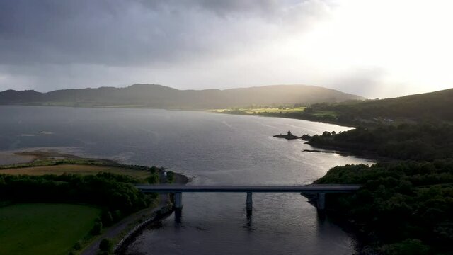 aerial footage of loch creran on the west coast of the argyll region of the scottish highlands on a summer evening during stormy weather