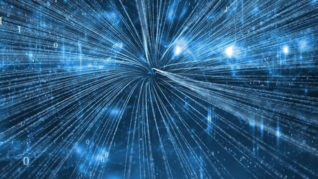 Loop features animated technology based shapes, connected white lines, curves and blurry dots on a blue background.
