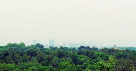 Fototapeta na wymiar Foggy City Skyline with Fog