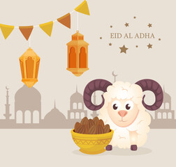 eid al adha mubarak, happy sacrifice feast, goat with traditional icons and garlands hanging vector illustration design