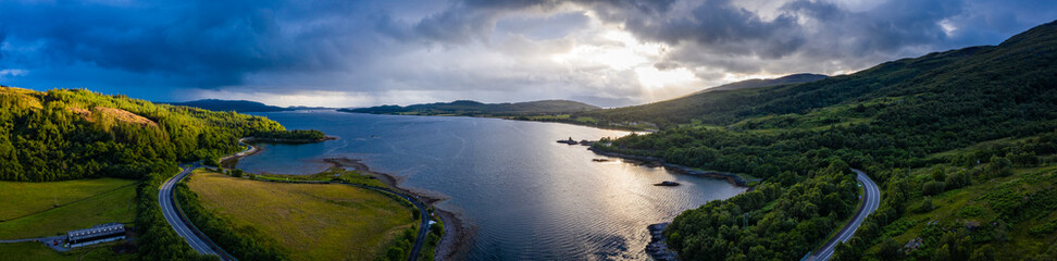 aerial shot of loch creran on the west coast of the argyll region of the scottish highlands on a summer evening during stormy weather