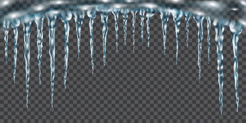 Naklejka na ściany i meble Group of translucent light blue realistic icicles of different lengths connected at the top. For use on dark background. Transparency only in vector format