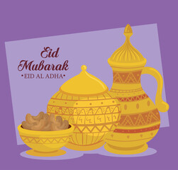 eid al adha mubarak, happy sacrifice feast, with ceramic pots traditions vector illustration design