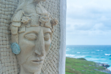 Decorative statues with representations of the Mayan culture, Isla Mujeres Mexico