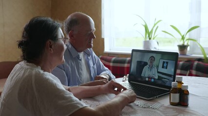 family elderly couple man and woman consult a doctor online about a disease and symptoms during a telemedicine video call, using modern technology while sitting in a computer room - Powered by Adobe