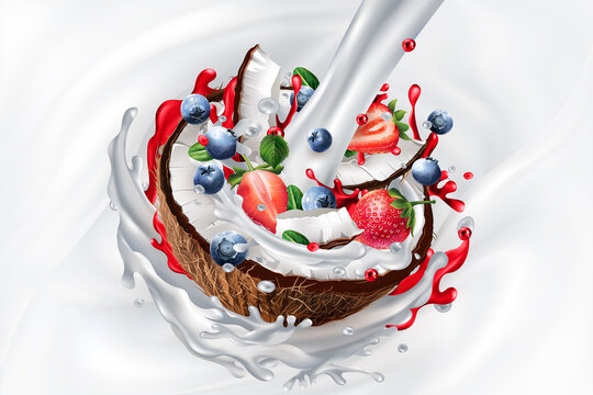 Milk stream, coconut with blueberries and strawberries in yogurt or milkshake.