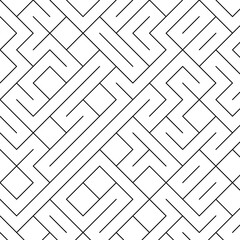 Abstract black and white labyrinthine pattern, with right angles and paths.