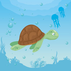 turtle and life marine in ocean, seaworld dwellers, cute underwater creatures, undersea fauna vector illustration design