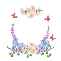 Wild Flowers, butterflies and place for your text. Isolated on a white background.