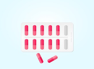 Flat lay illustration of red capsule pills in a blister pack, isolated on a blue background. Medicine or vitamin supplement packaging mock-up. Advertising template for pharmaceutical industry.