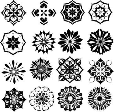 vector clip art of mandalas and flowers elements set in black color.