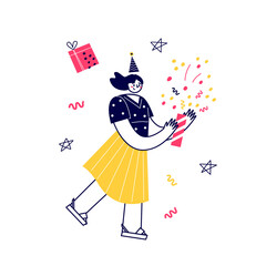 Vector funny character celebrates. Give gifts, enjoy the holiday, eat cake. A birthday party. Flat vector illustration.