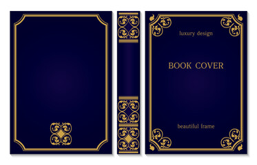 Standard book cover and spine design. Old retro ornament frames. Royal Golden and dark blue style design. Vintage Border to be printed on the covers of books.