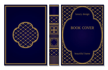 Classical book cover and spine design. Vintage ornament frames. Royal Golden and dark blue style design. Border to be printed on the covers of books.