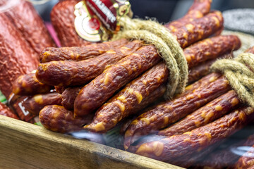 A variety of smoked, cured sausages, sausages, smoked meat