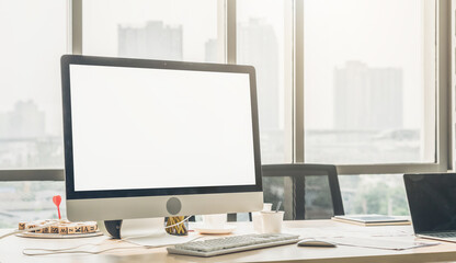Empty computer monitor screen for design mock up template in modern small office interior or home...