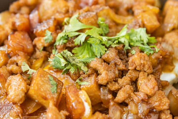 Stir Fried Pork with Onion and Black Soy Sauce in Close Up View